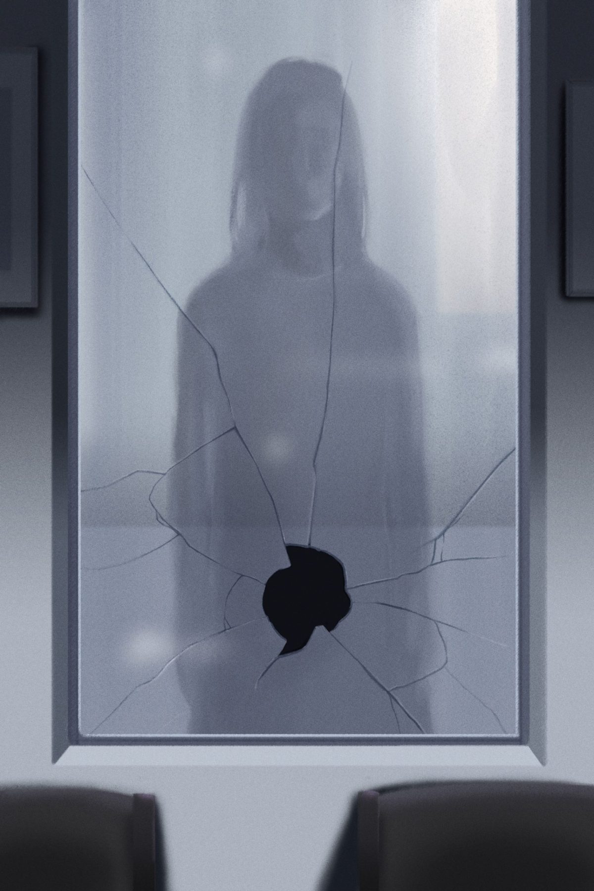 gray and moody illustration of a woman's silhouette behind a hazy broken window, with the glass broken at her abdomen and uterus area