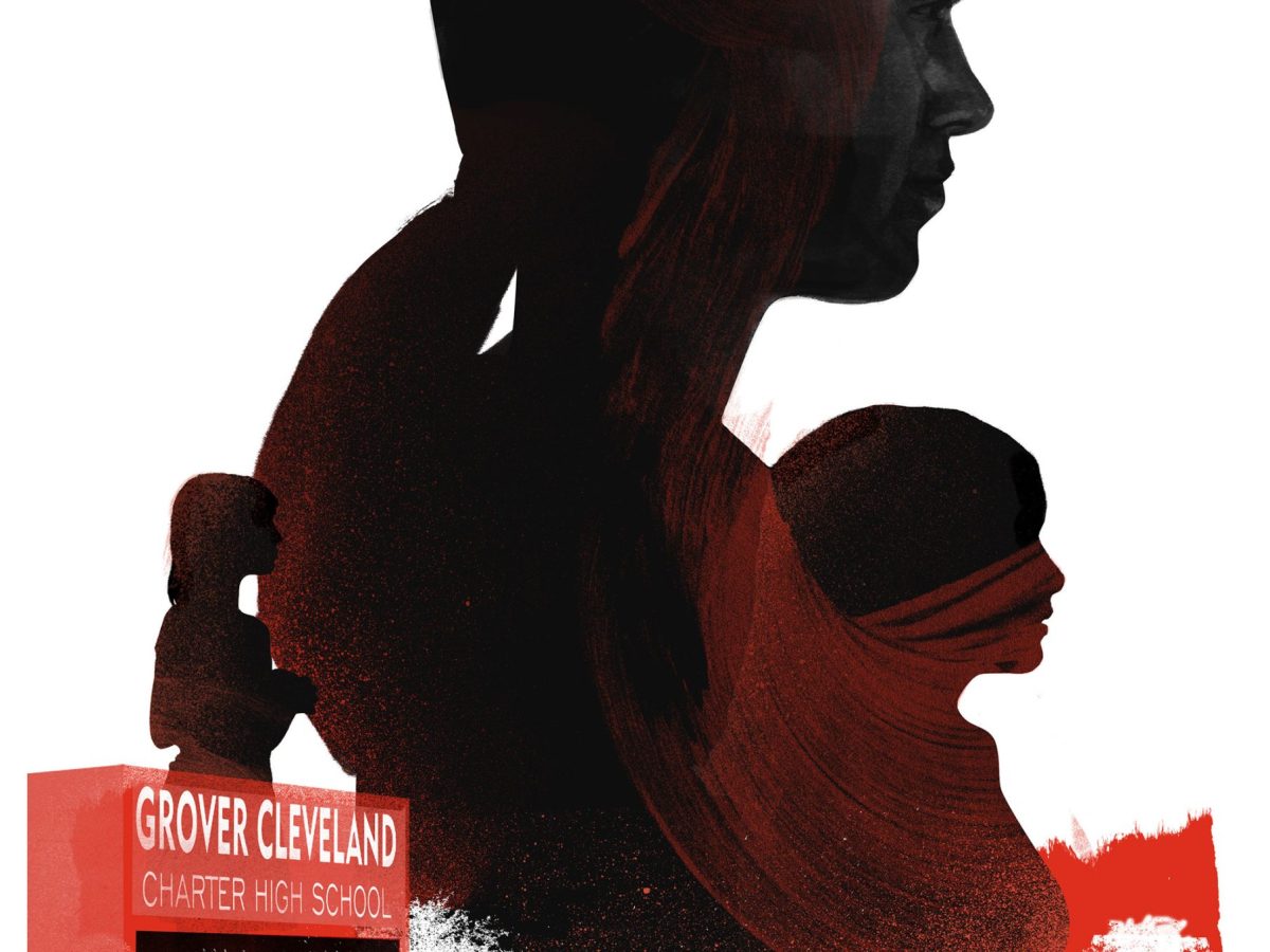 Silhouette of two young woman in profile, alongside a sign for Grover Cleveland High School