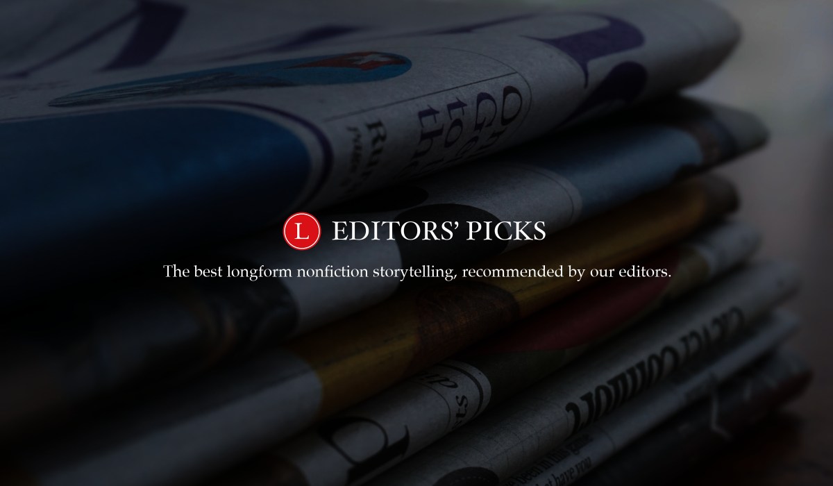 Graphic that reads "Editors' Picks: The best longform nonfiction storytelling, recommended by our editors." Dark background image of folded stacked newspapers.