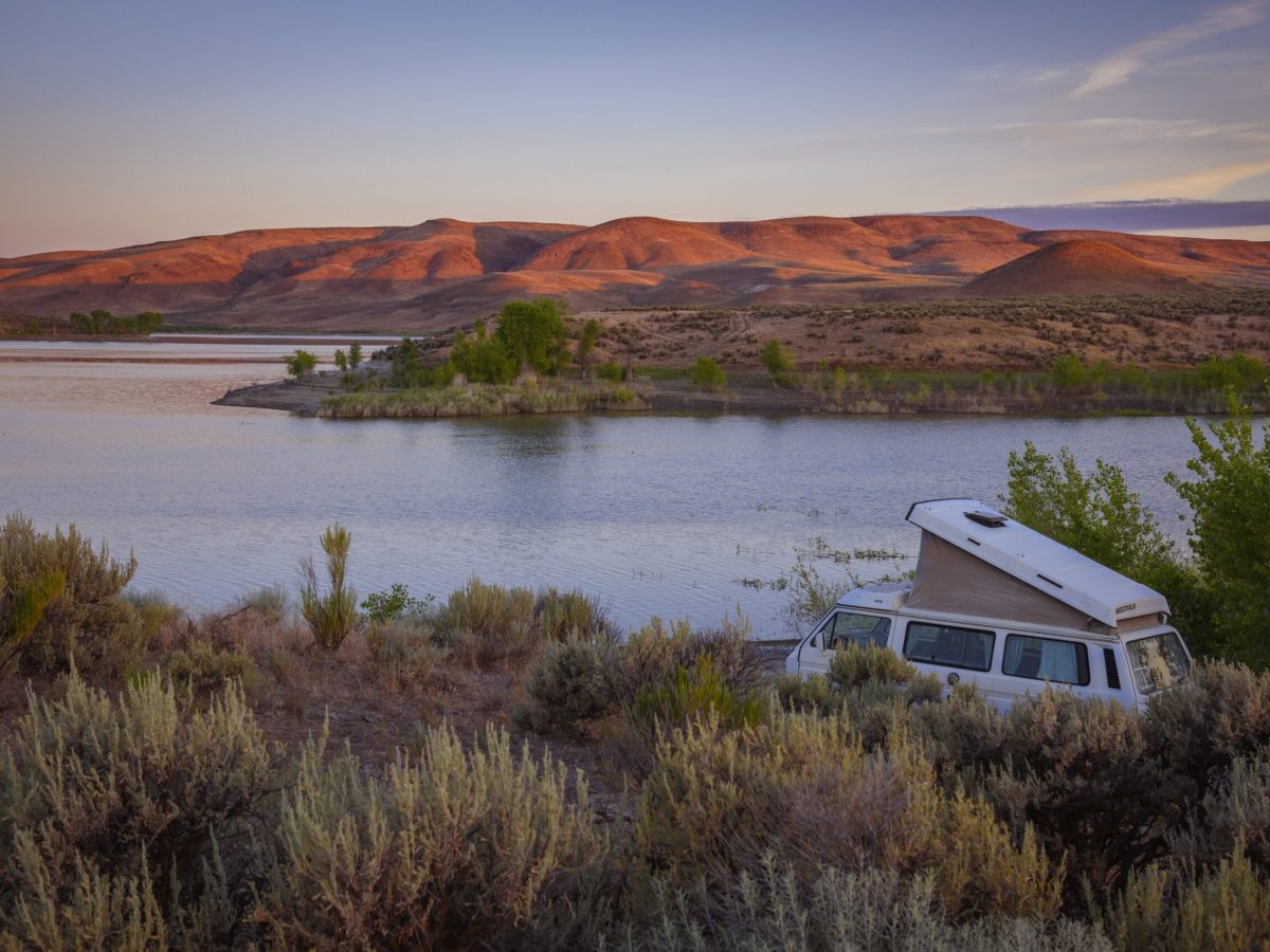 VW Westfalia camped at Bully Creek Reservoir near Vale in eastern Oregon.