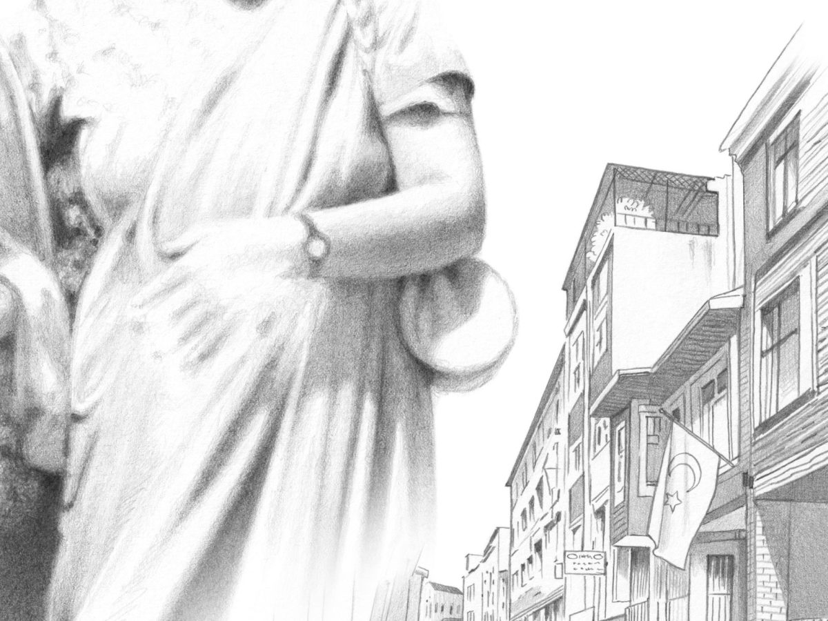 Pencil treatment of a photograph of a woman in a long dress, juxtaposed over a pencil drawing of a downtown street in a European city.