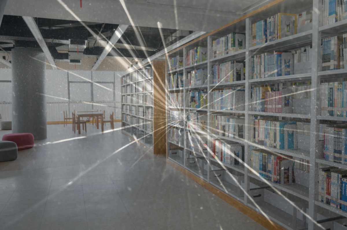 The interior of a public library, overlaid with an image of shattered glass