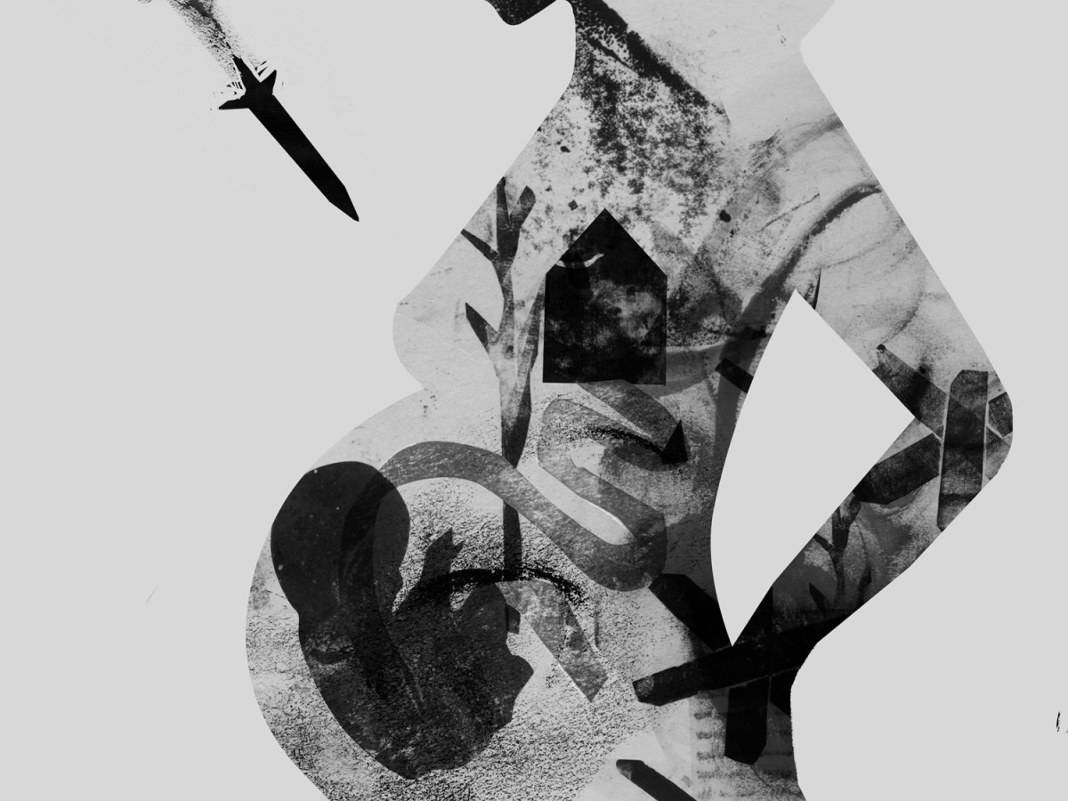 abstract black and white illustration of pregnant woman with warheads in the background