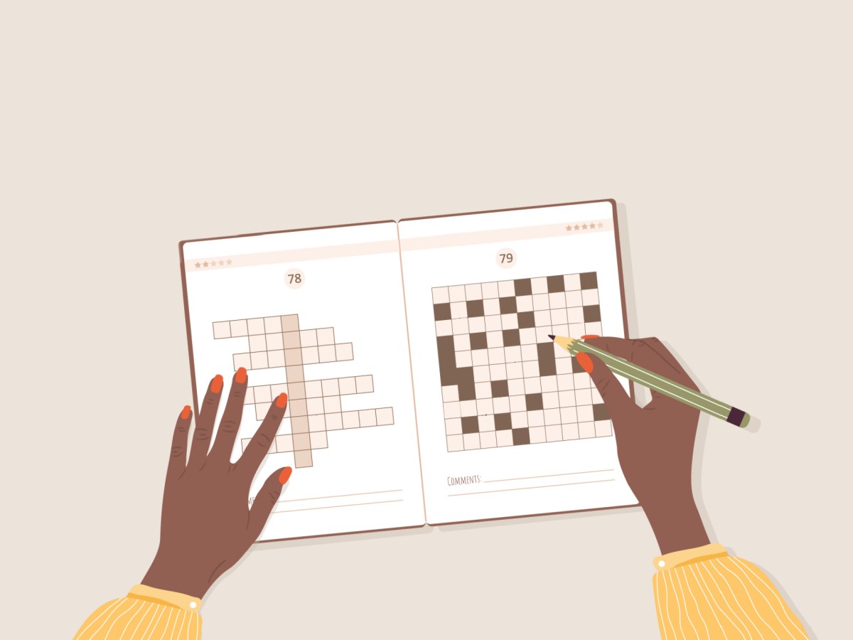An illustration in which a Black woman's hands do a crossword puzzle against a tan background.