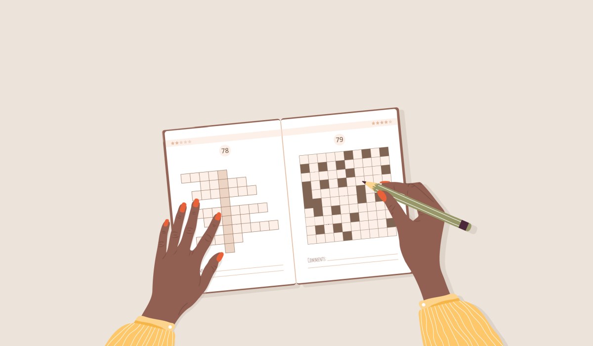 An illustration in which a Black woman's hands do a crossword puzzle against a tan background.