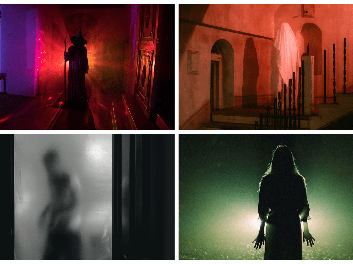 Collage of four spooky photographs of a scepter, ghost, mysterious man, and ghostly silhouette